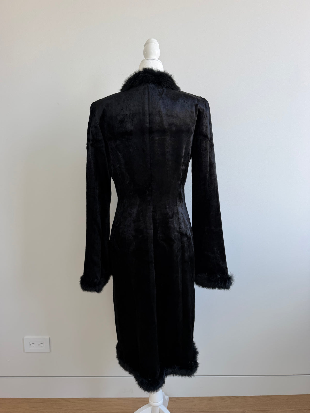 1990s Black Crushed Velvet Fur-Trimmed Long Coat