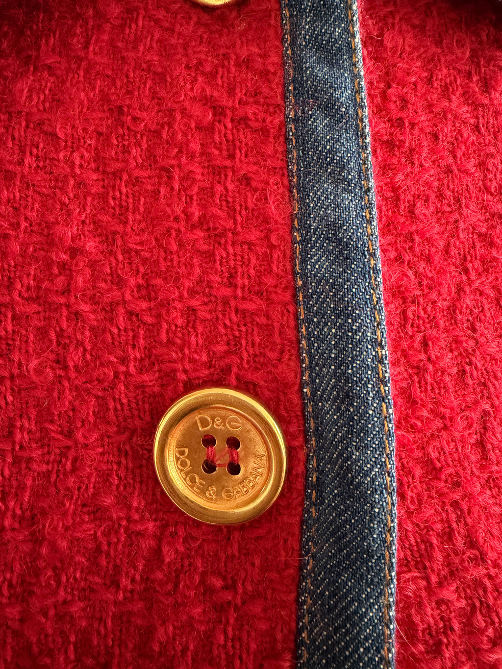 D&G Dolce & Gabbana Red Wool Bouclé & Denim Jacket with Leopard Lining