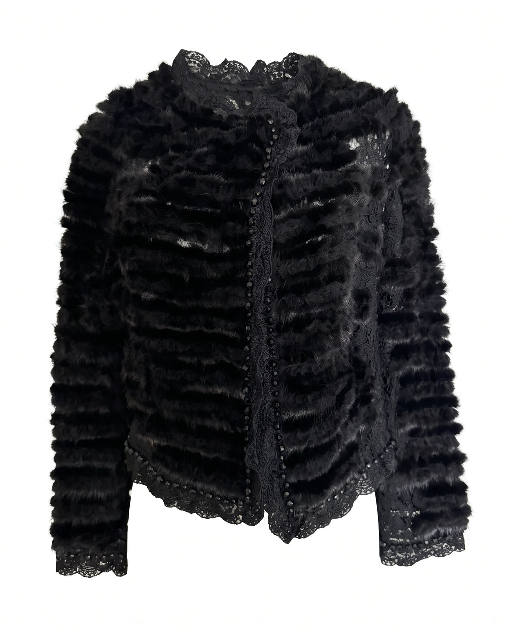 Vintage Black Mink Fur Lace Beaded Cropped Evening Jacket