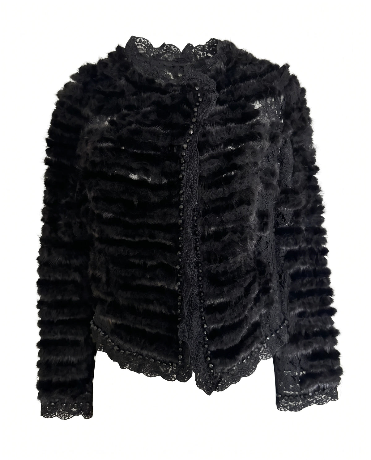 Vintage Black Mink Fur Lace Beaded Cropped Evening Jacket