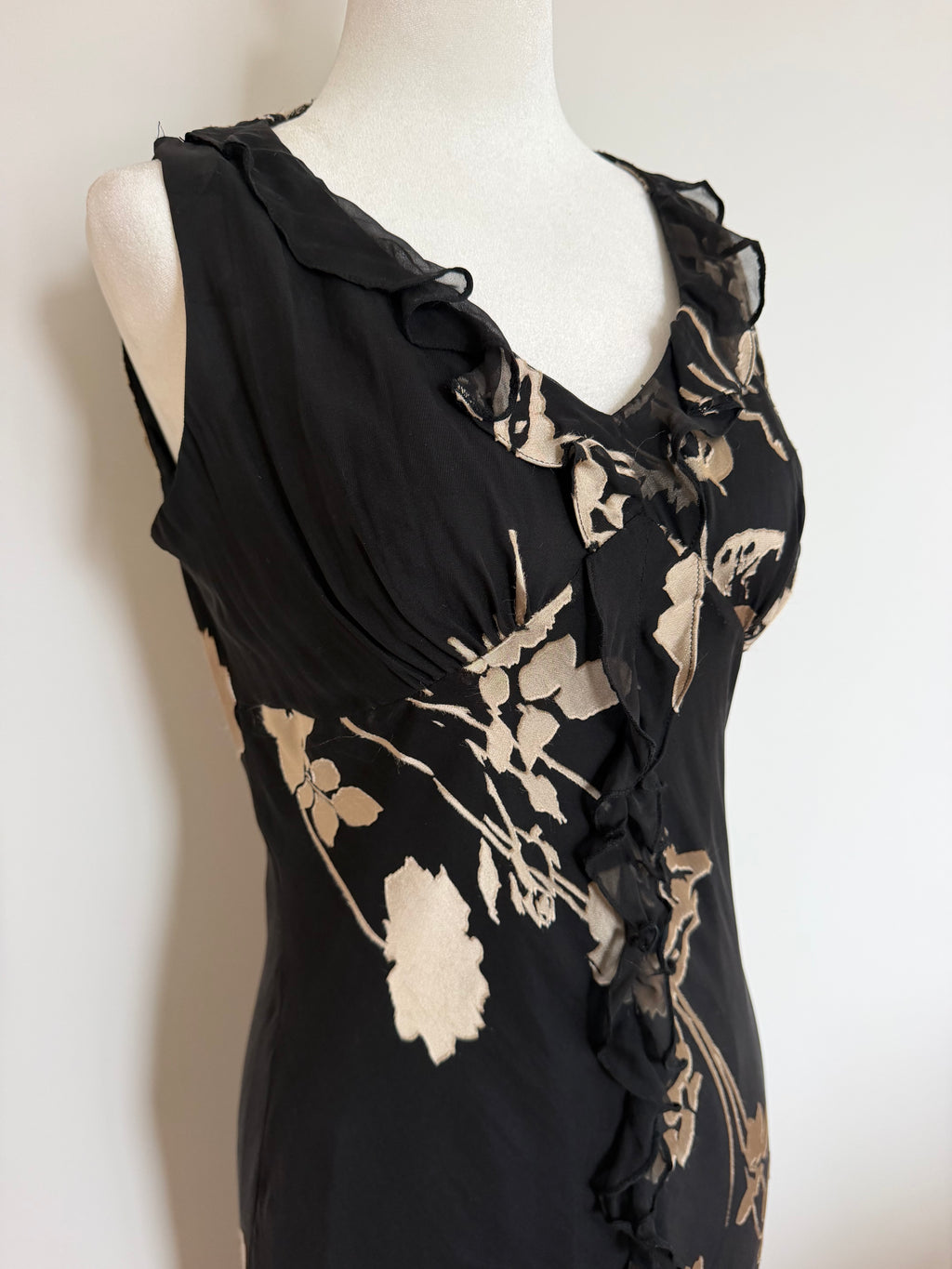 Sue Wong 100% Silk Black Floral Ruffle Midi Dress Side Zip Y2K