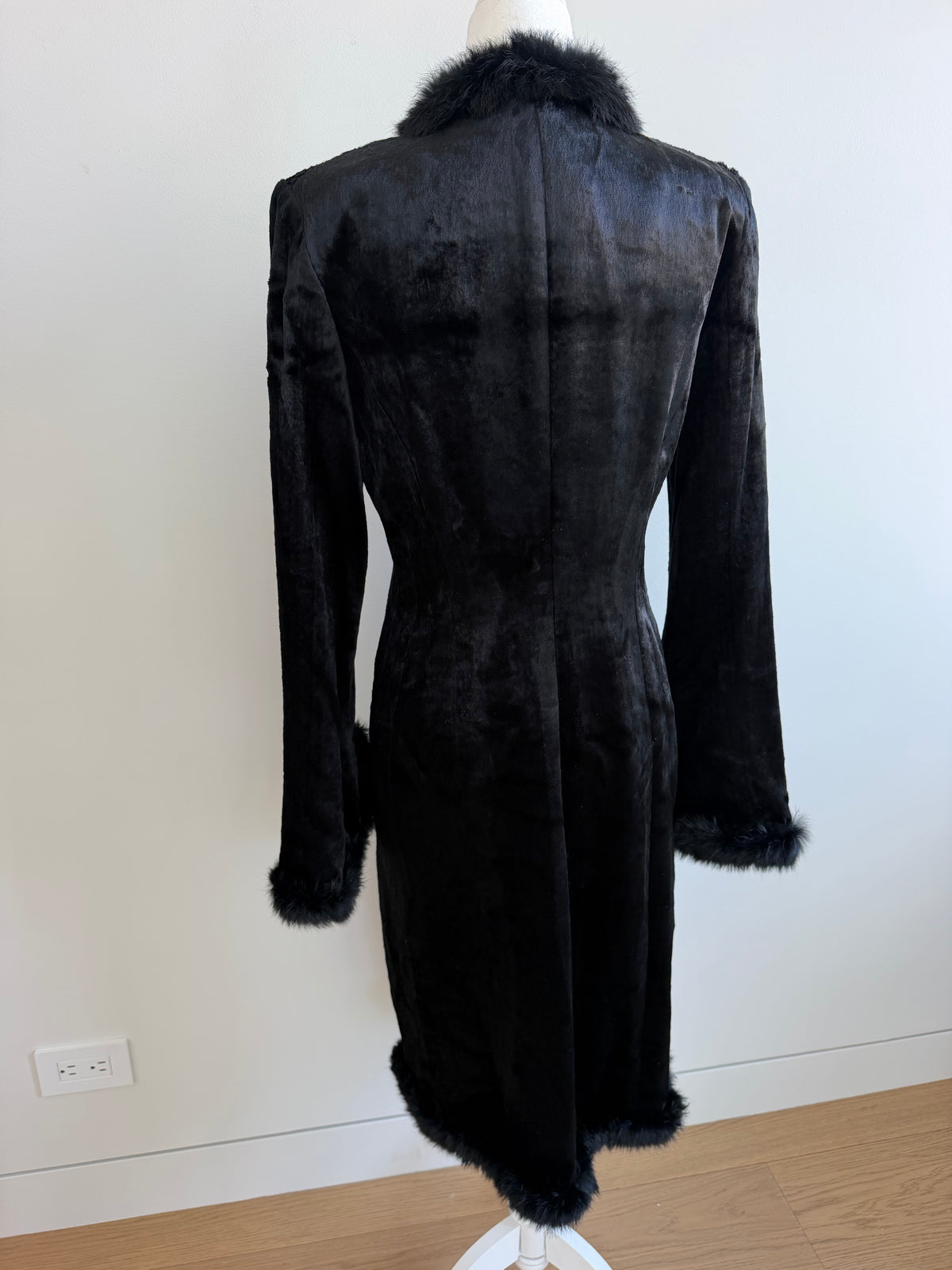 1990s Black Crushed Velvet Fur-Trimmed Long Coat