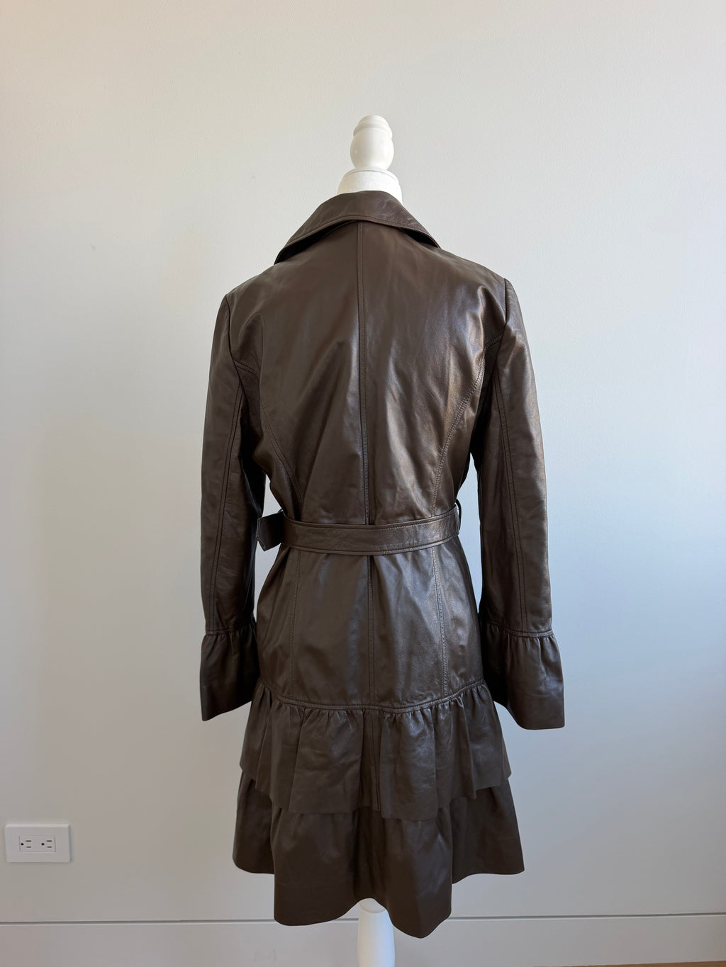 Balmain Brown Leather Ruffle Trench Coat | Y2K