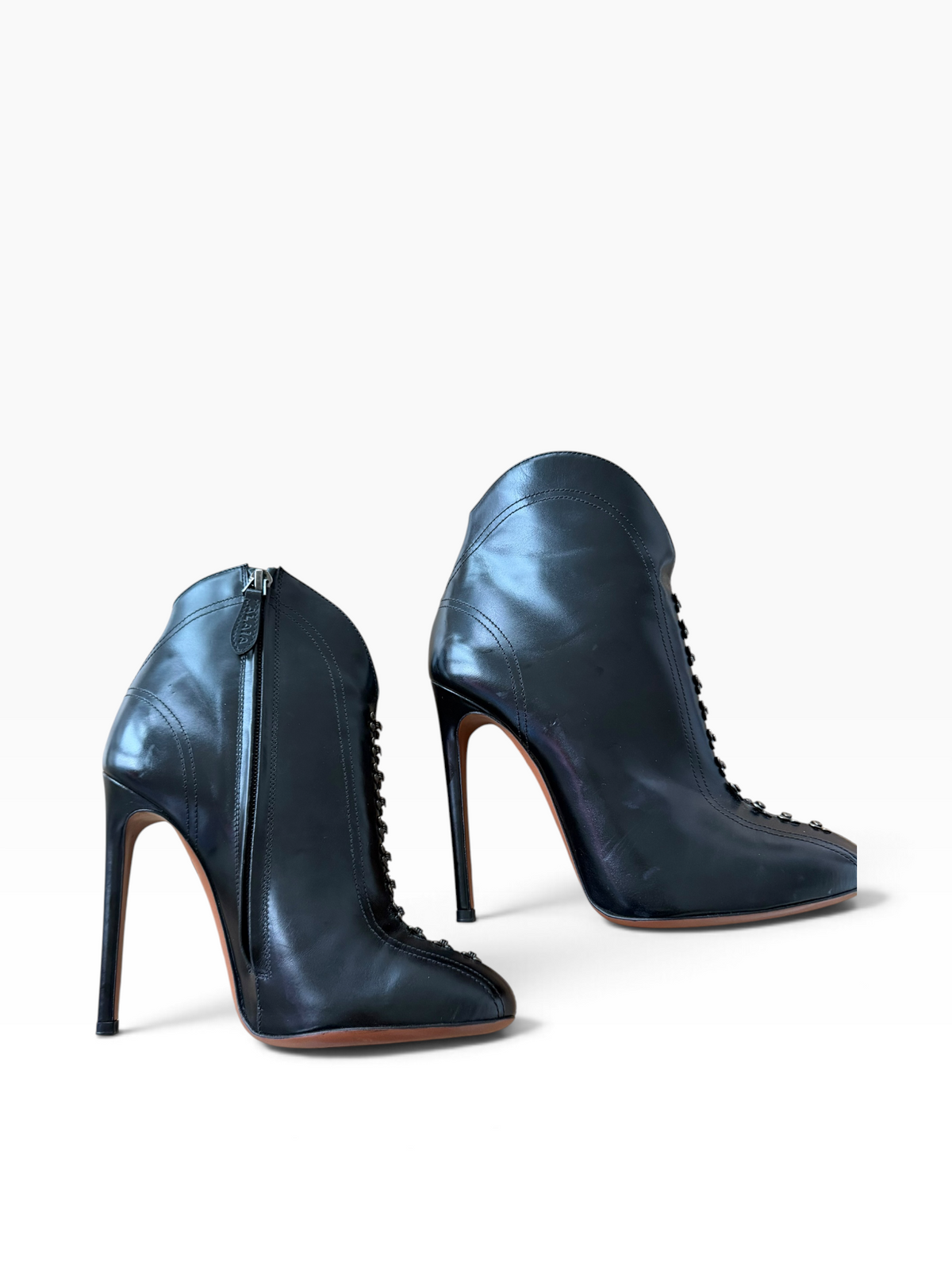 Alaïa Black Leather Hook-and-Eye Stiletto Ankle Boots — Size 37.5