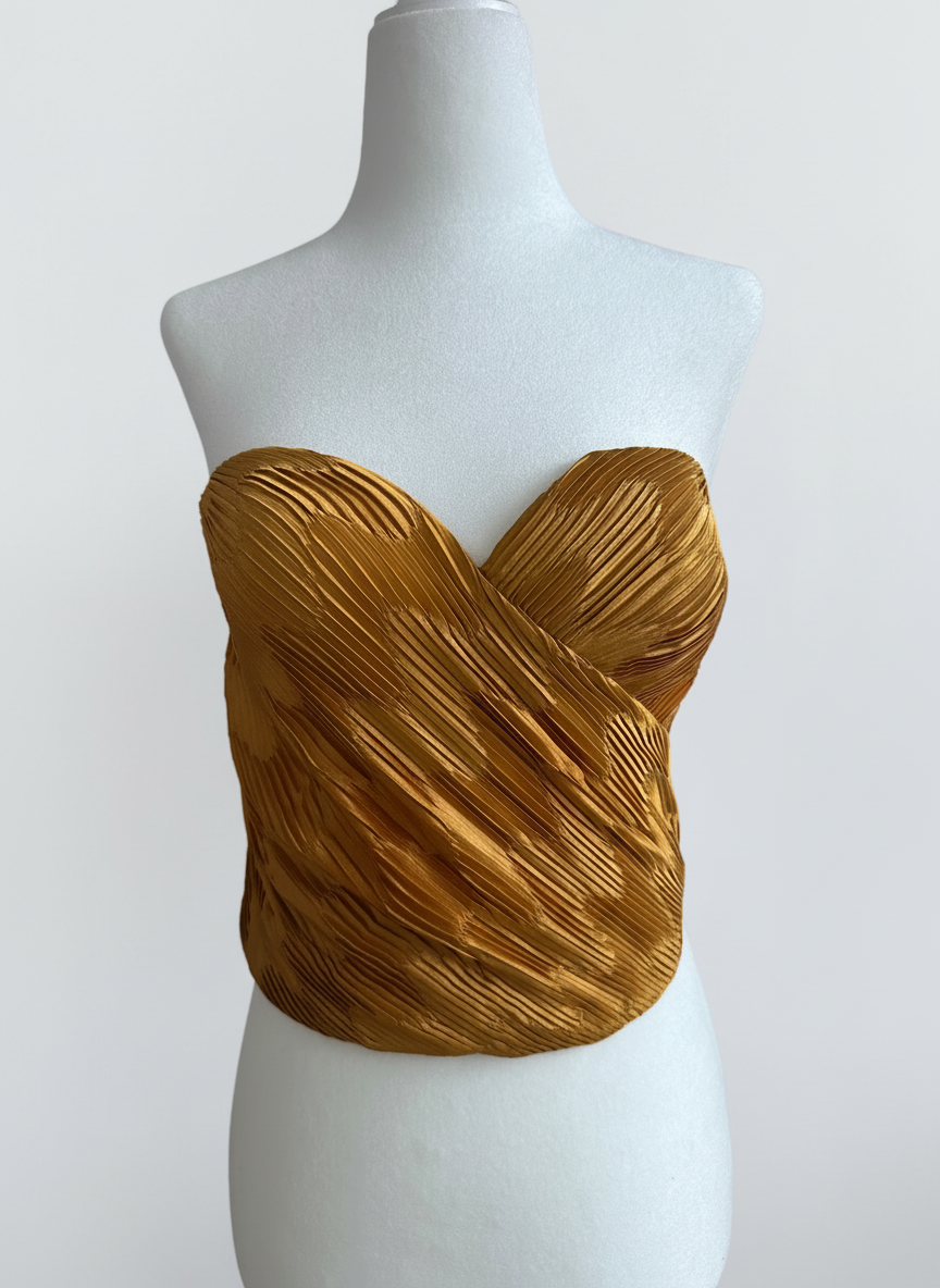 Vintage La Perla Gold Pleated Corset Bustier Made in Italy Structured Strapless Top