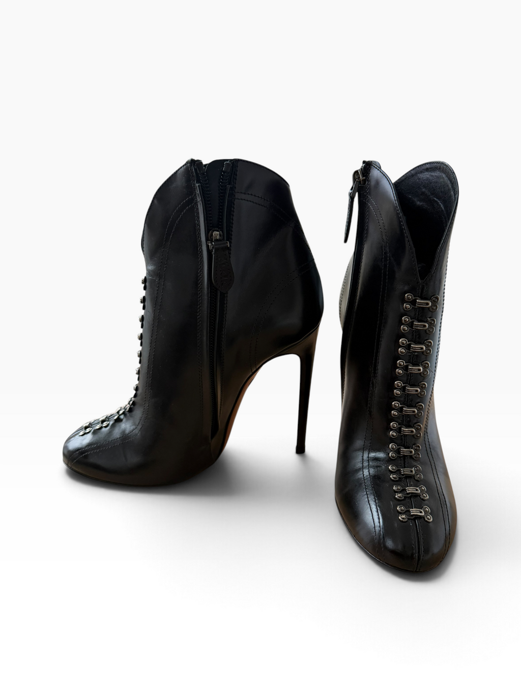 Alaïa Black Leather Hook-and-Eye Stiletto Ankle Boots — Size 37.5