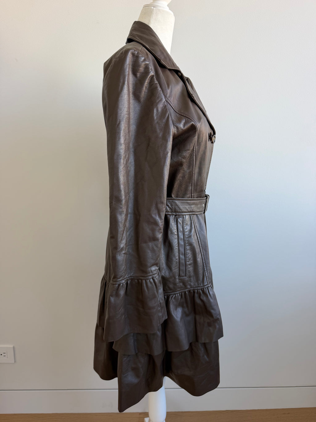 Balmain Brown Leather Ruffle Trench Coat | Y2K