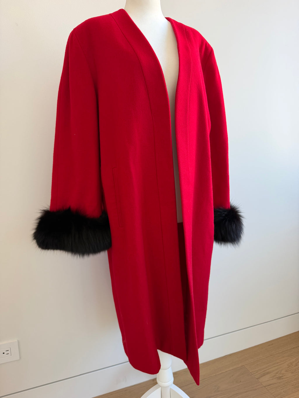 Vintage Oleg Cassini Red Wool Coat with Black Fur Cuffs