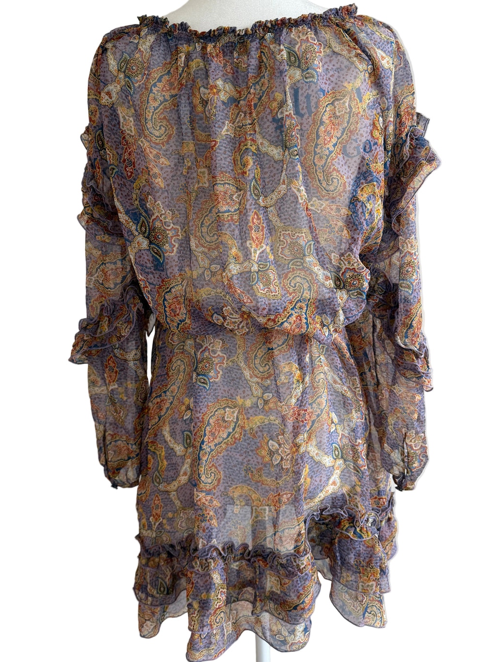 John Galliano Sheer Silk Paisley Dress – Lavender Boho Off-Shoulder with Tassel Tie