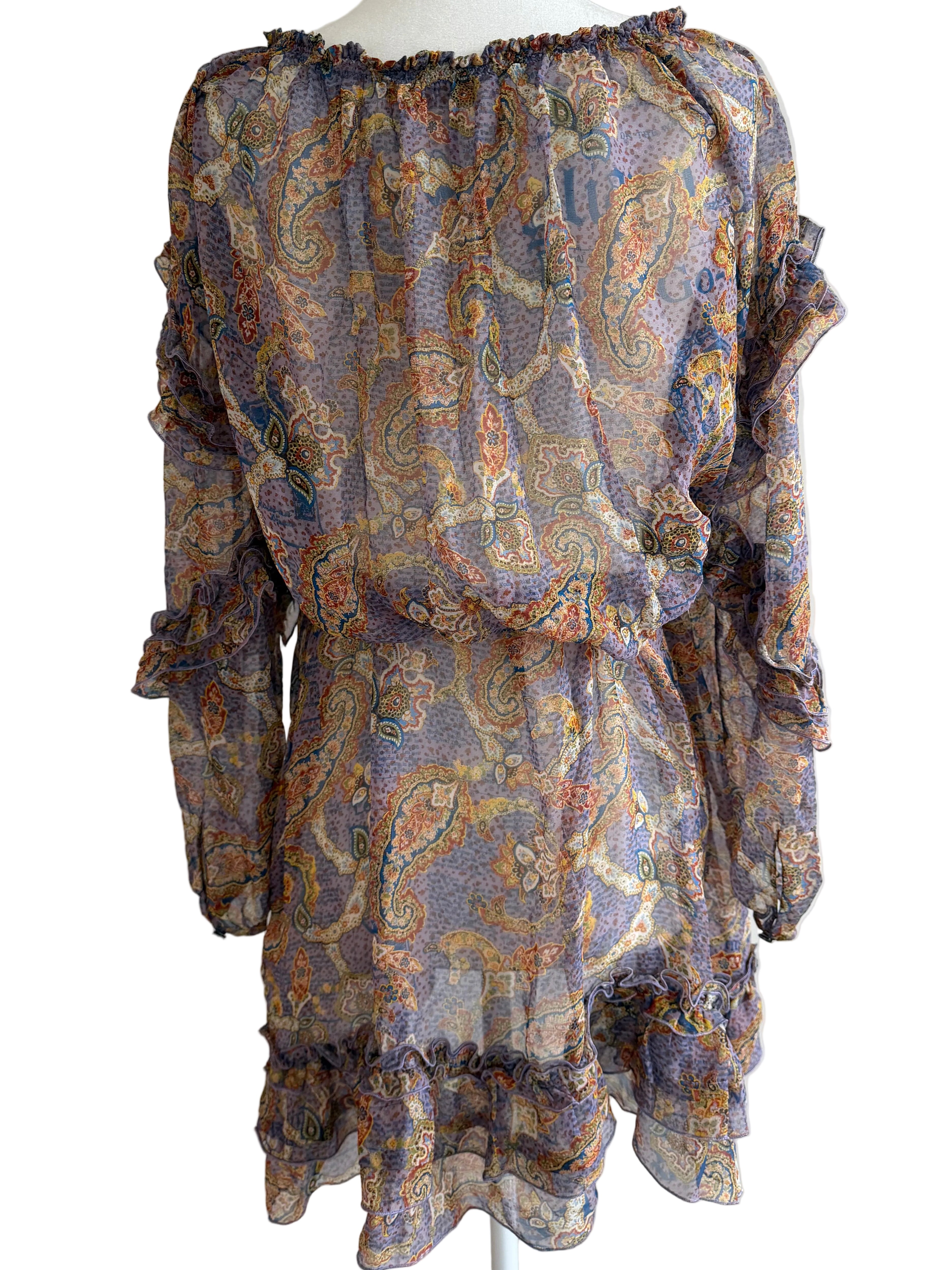 John Galliano Sheer Silk Paisley Dress – Lavender Boho Off-Shoulder with Tassel Tie