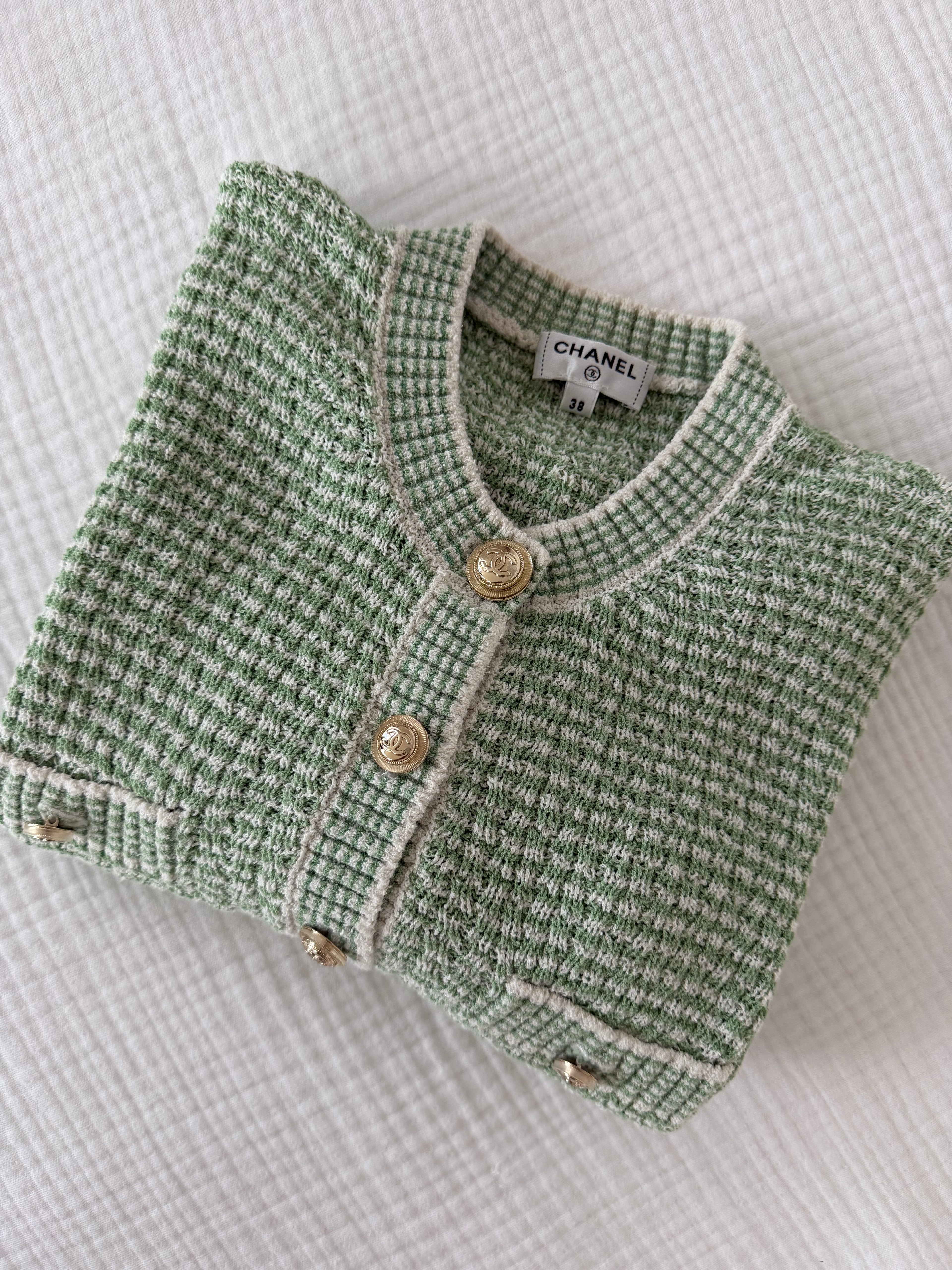 CHANEL Textured Bouclé Cardigan – Mint & Ivory | Gold CC Hardware
