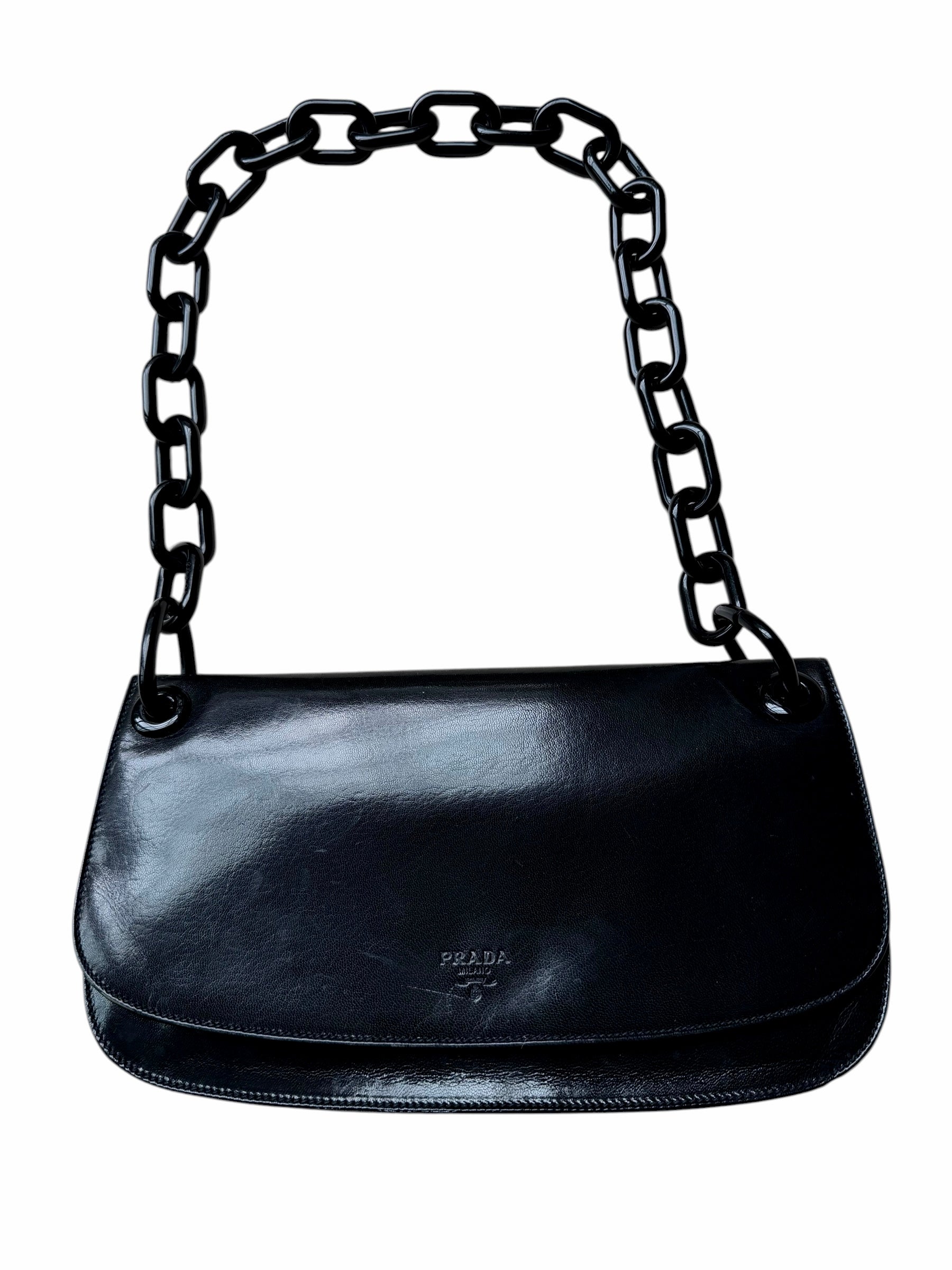 Vintage Prada Nero Spazzolato Leather Chain Shoulder Bag