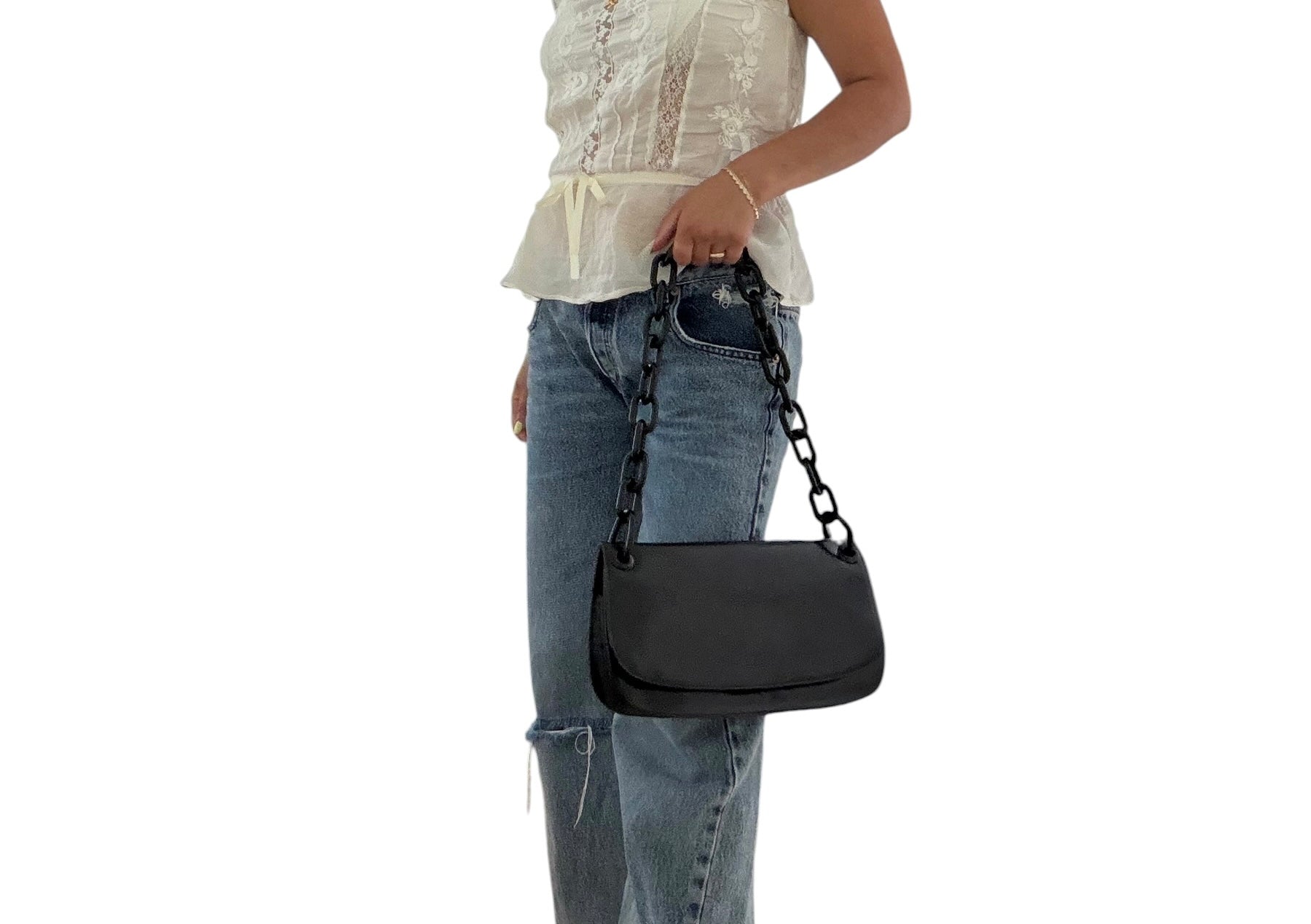 Vintage Prada Nero Spazzolato Leather Chain Shoulder Bag
