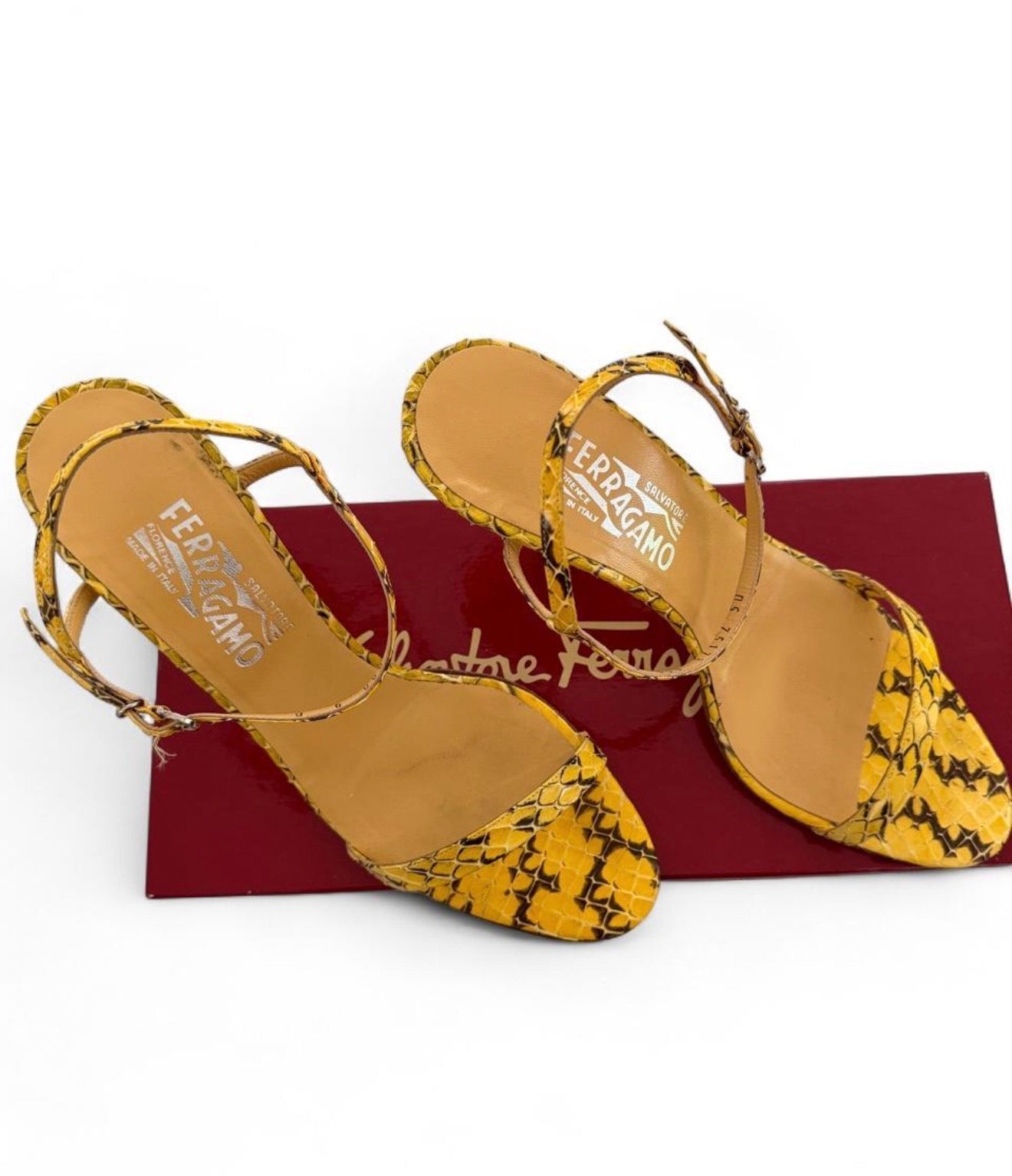 Salvatore Ferragamo Yellow Snakeskin Strappy Sandals