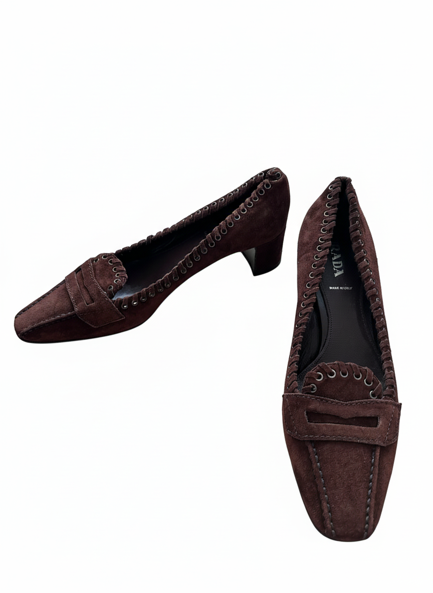 Prada Brown Suede Whipstitch Loafer Pumps - Late 90s/early 2000s