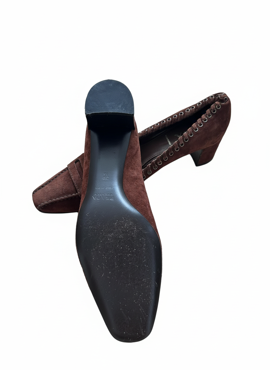 Prada Brown Suede Whipstitch Loafer Pumps - Late 90s/early 2000s