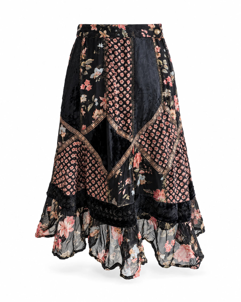 René Derhy Vintage Patchwork Floral Velvet Midi Skirt