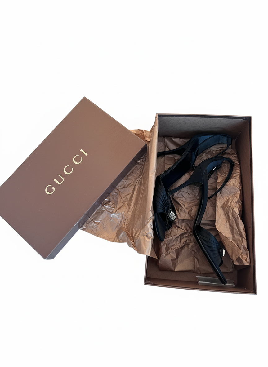 Gucci Black Satin Crystal Bamboo Evening Sandals – early 2000s (with Box)