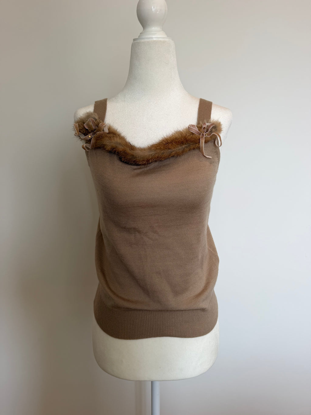 Vintage Y2K Anita Girl Brown Wool Blend Fur Trim Knit Tank Top