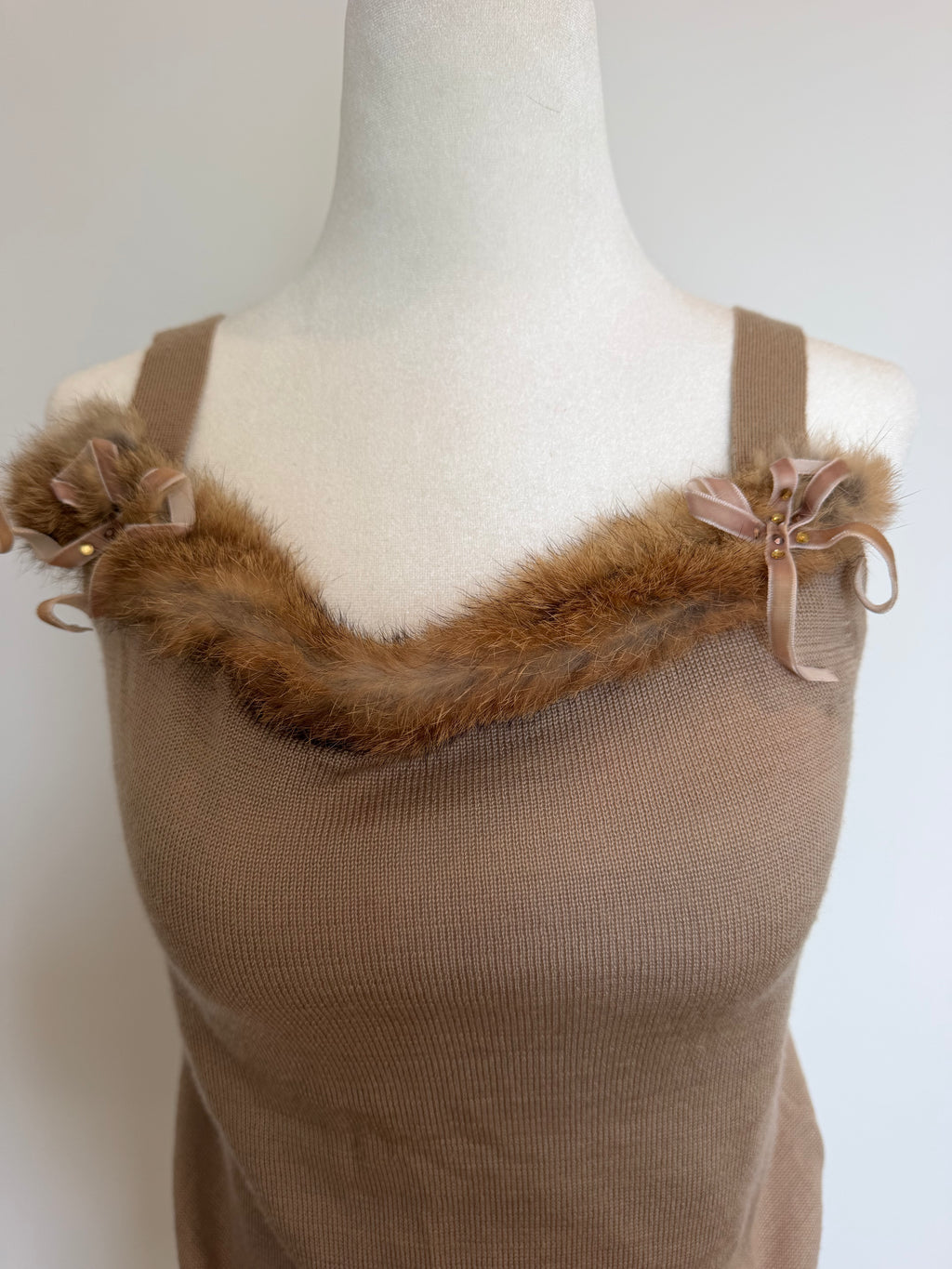Vintage Y2K Anita Girl Brown Wool Blend Fur Trim Knit Tank Top