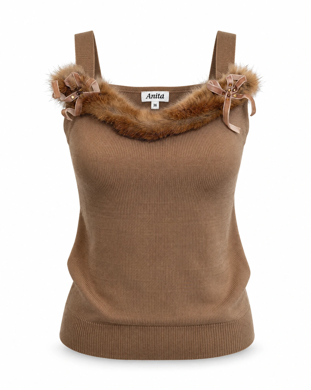 Vintage Y2K Anita Girl Brown Wool Blend Fur Trim Knit Tank Top
