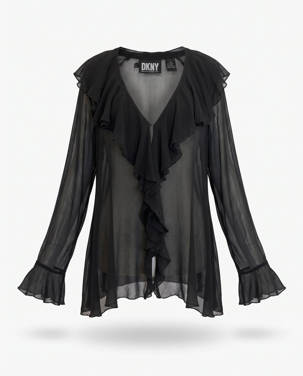Vintage Y2K DKNY Black Silk Sheer Ruffle Blouse Top