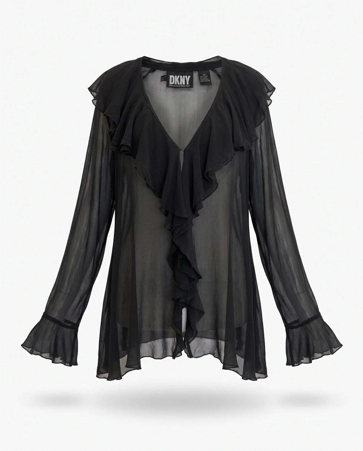 Vintage Y2K DKNY Black Silk Sheer Ruffle Blouse Top