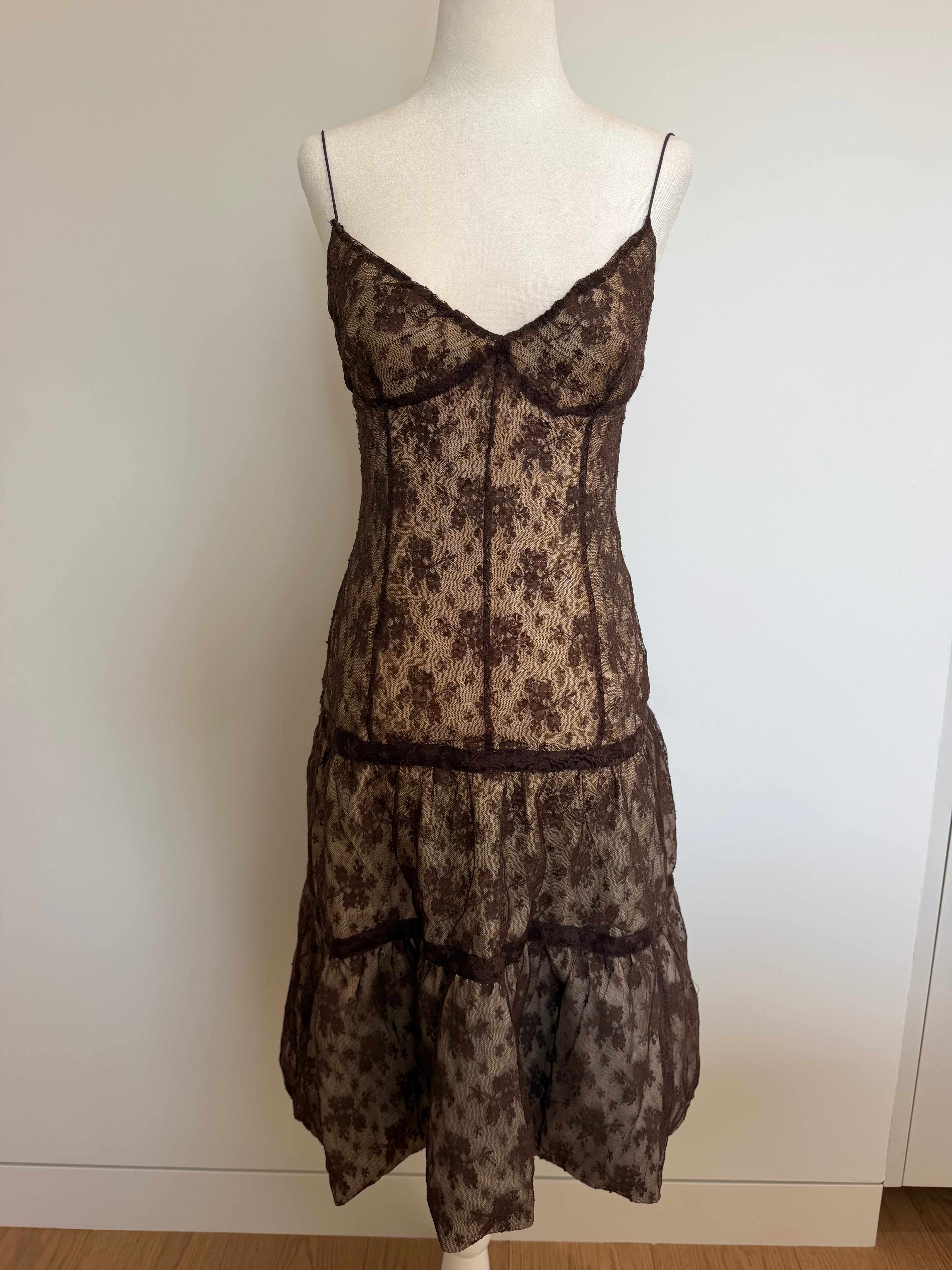 Vintage Tracy Reese New York Brown Floral Lace Slip Dress