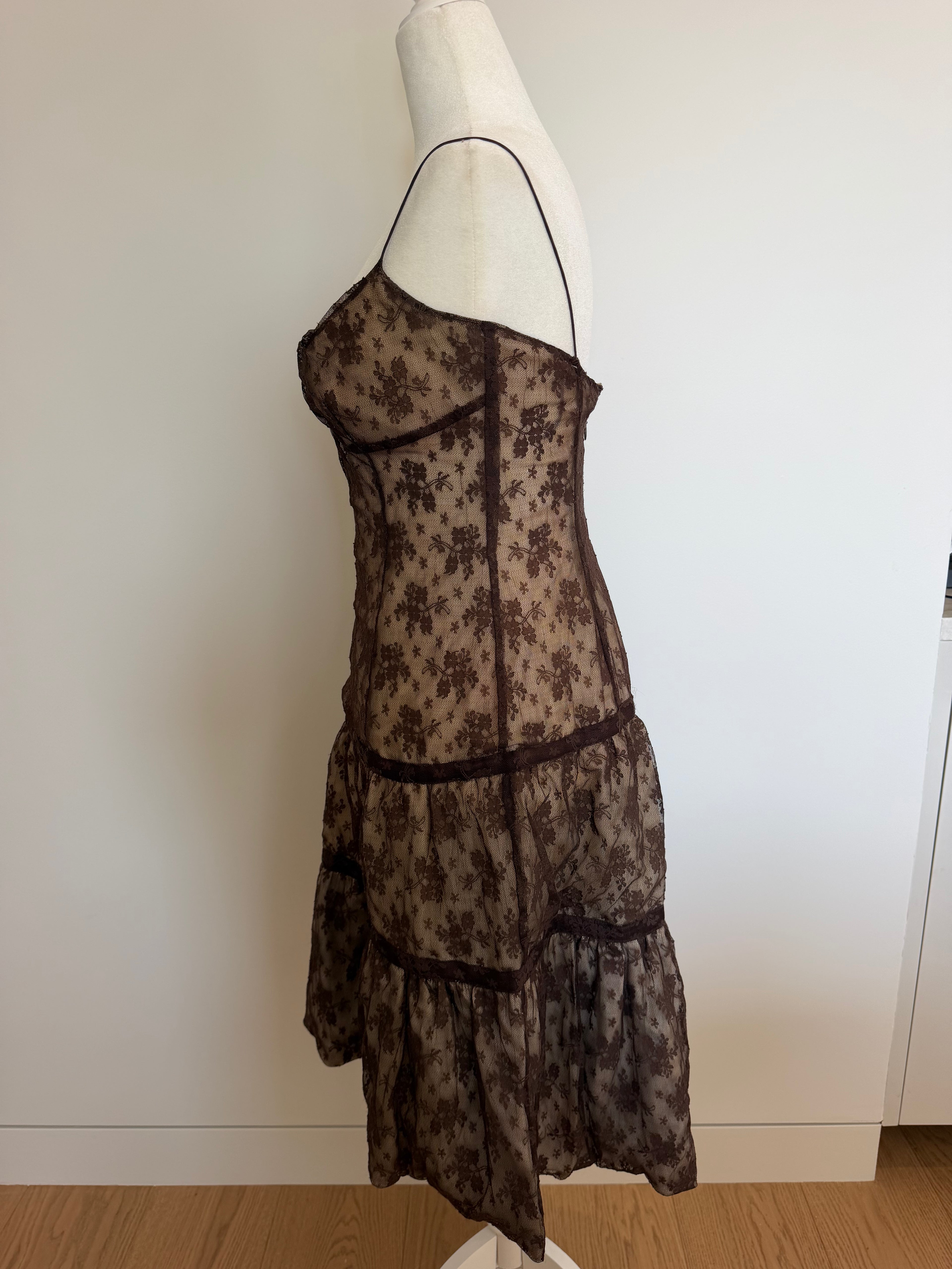 Vintage Tracy Reese New York Brown Floral Lace Slip Dress