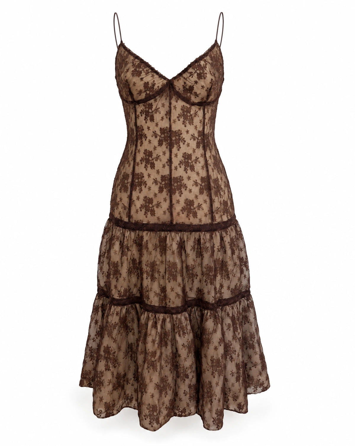 Vintage Tracy Reese New York Brown Floral Lace Slip Dress