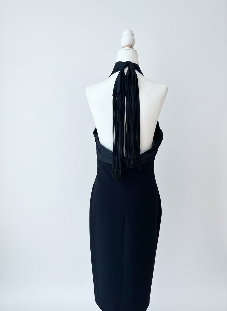 Moschino Black Convertible Fringe Halter Dress (AEFFE Era)