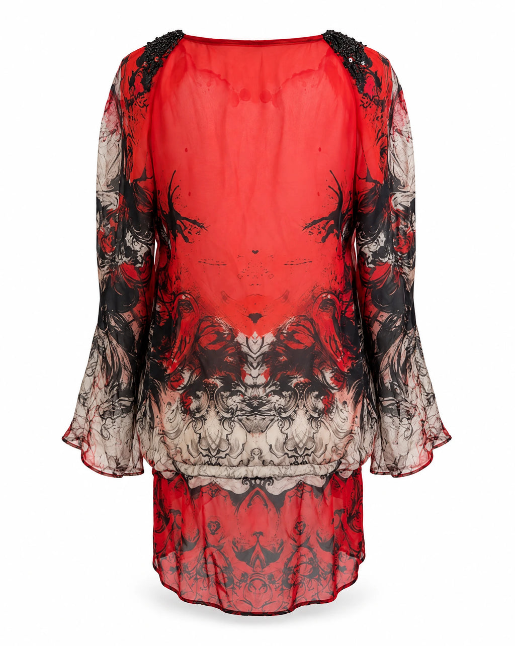 Roberto Cavalli Vintage Y2K Red Black Silk Beaded Tunic Top