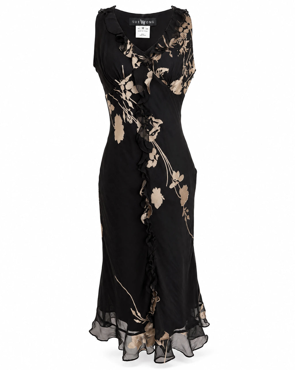 Sue Wong 100% Silk Black Floral Ruffle Midi Dress Side Zip Y2K