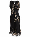Sue Wong 100% Silk Black Floral Ruffle Midi Dress Side Zip Y2K