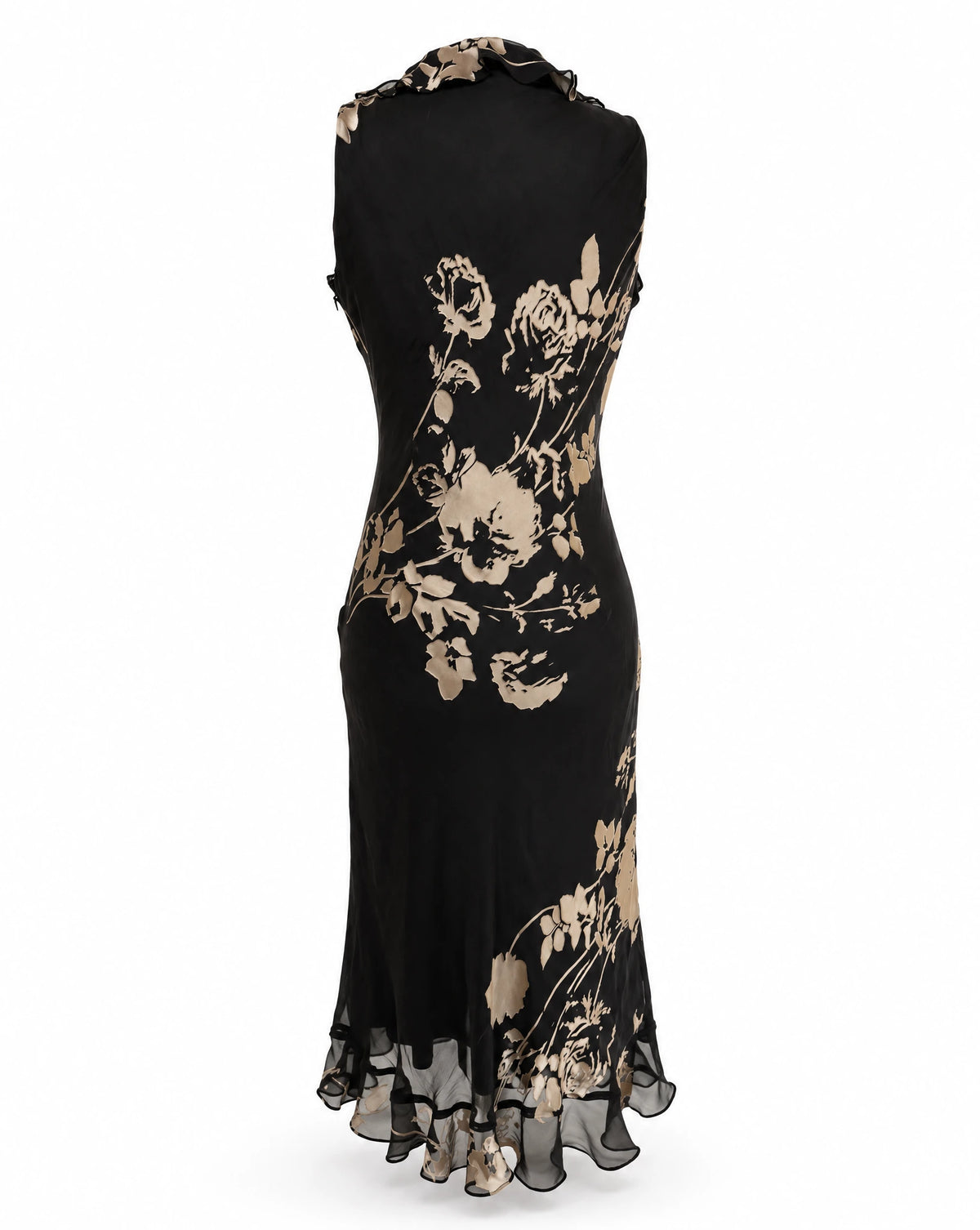 Sue Wong 100% Silk Black Floral Ruffle Midi Dress Side Zip Y2K