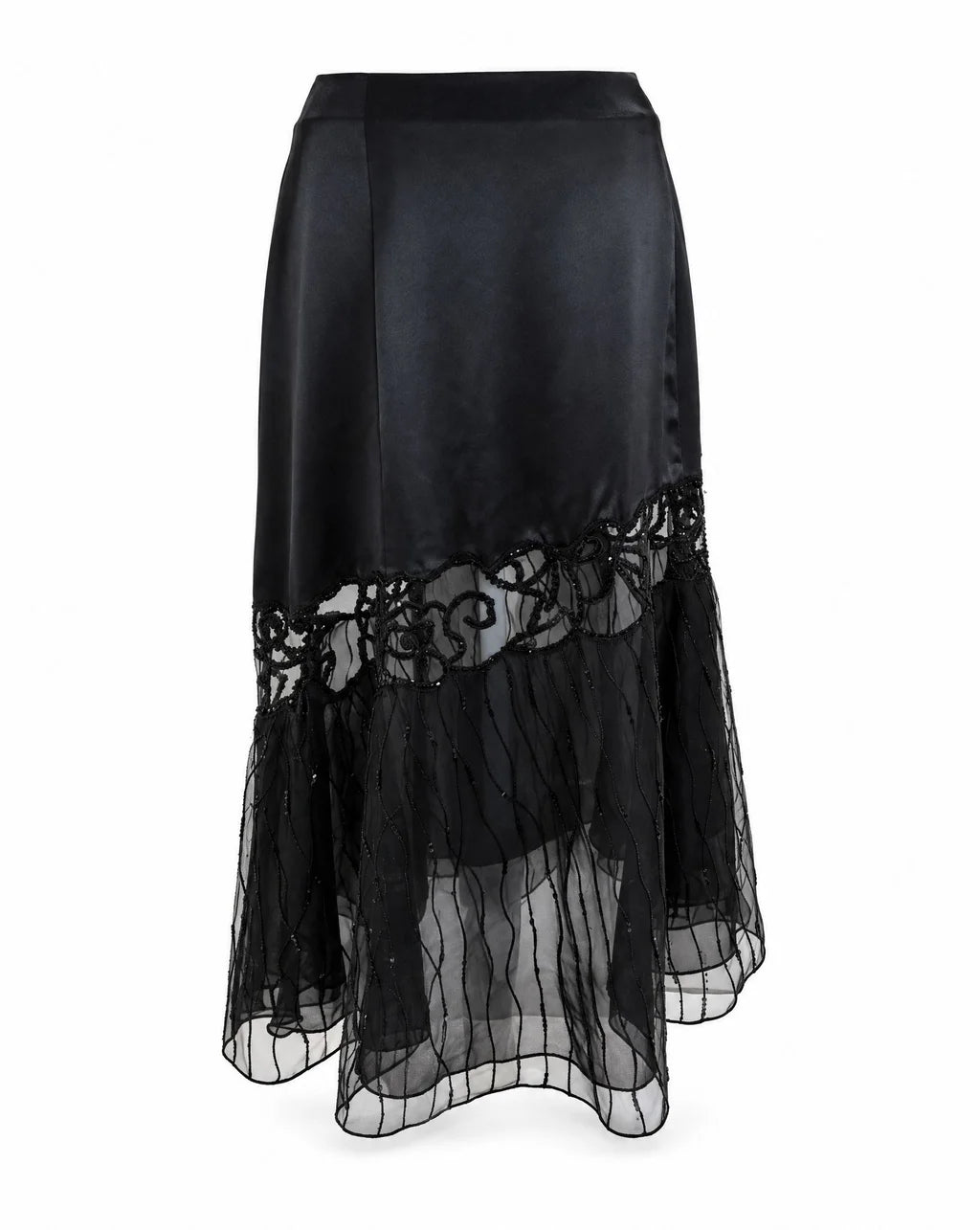 La Perla Black Silk Beaded Sheer Mesh Evening Skirt