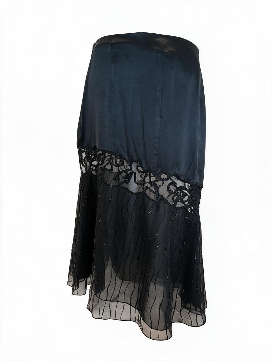 La Perla Black Silk Beaded Sheer Mesh Evening Skirt