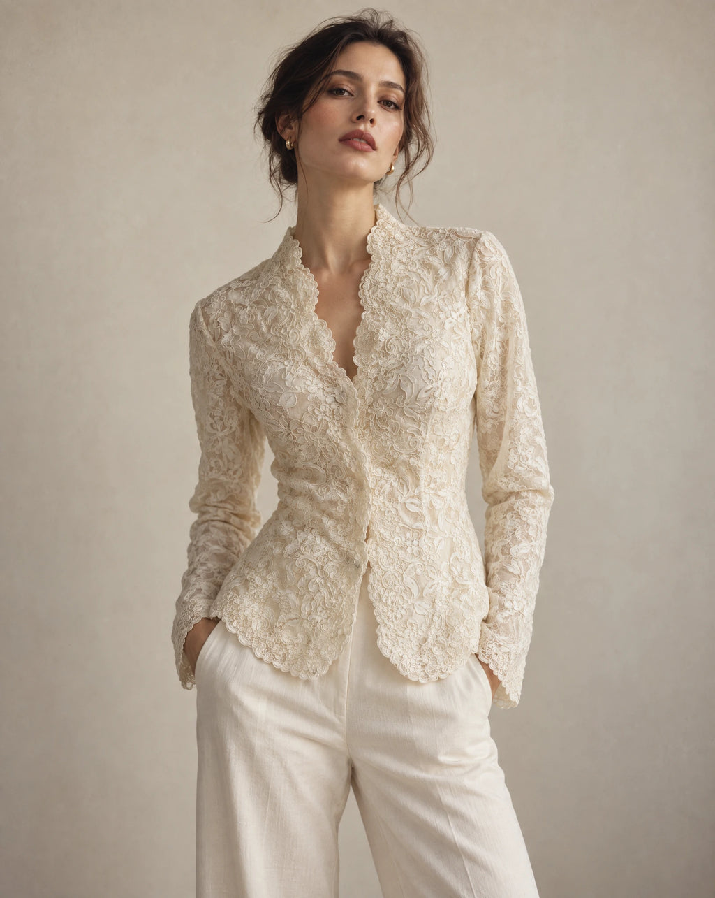 Victor Costa Ivory Embroidered Lace Jacket