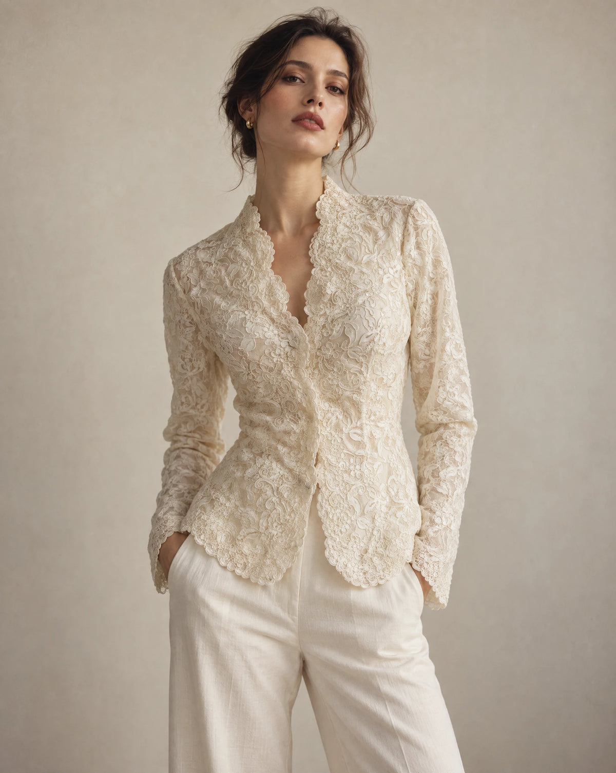 Victor Costa Ivory Embroidered Lace Jacket