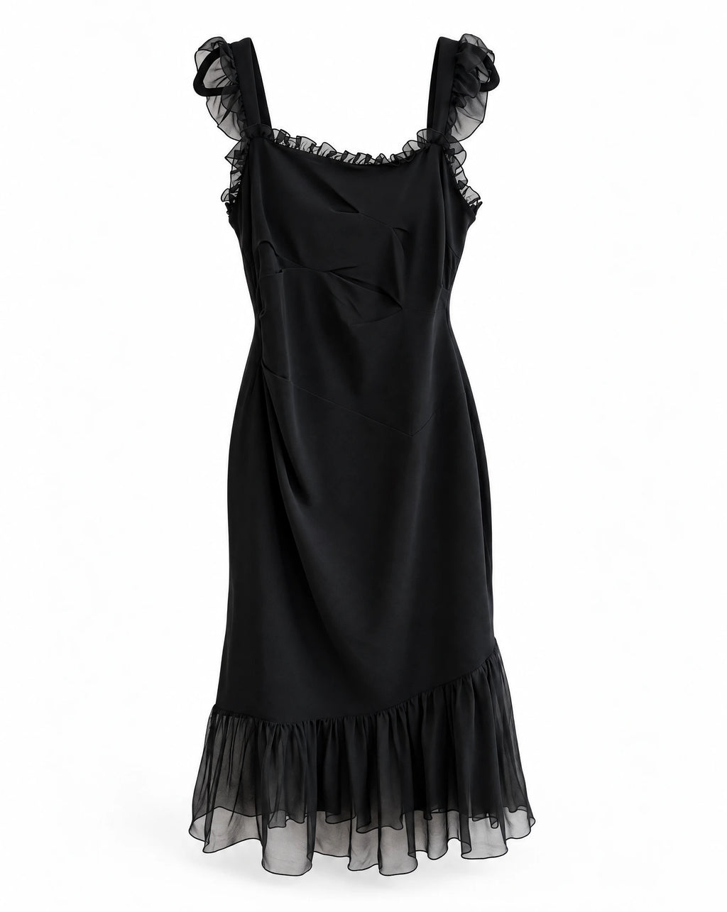 Anna Molinari Black Silk Ruffle Midi Dress