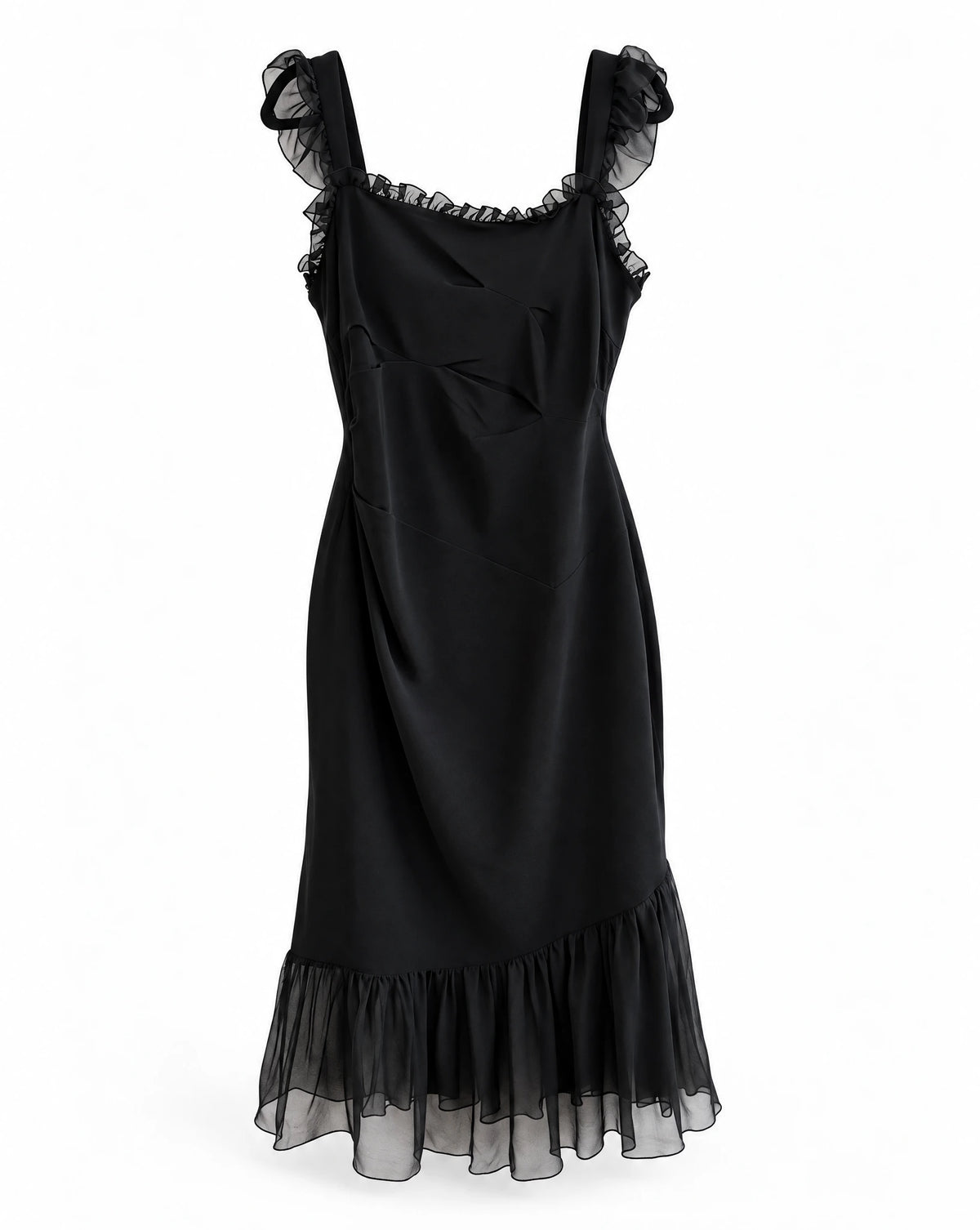 Anna Molinari Black Silk Ruffle Midi Dress