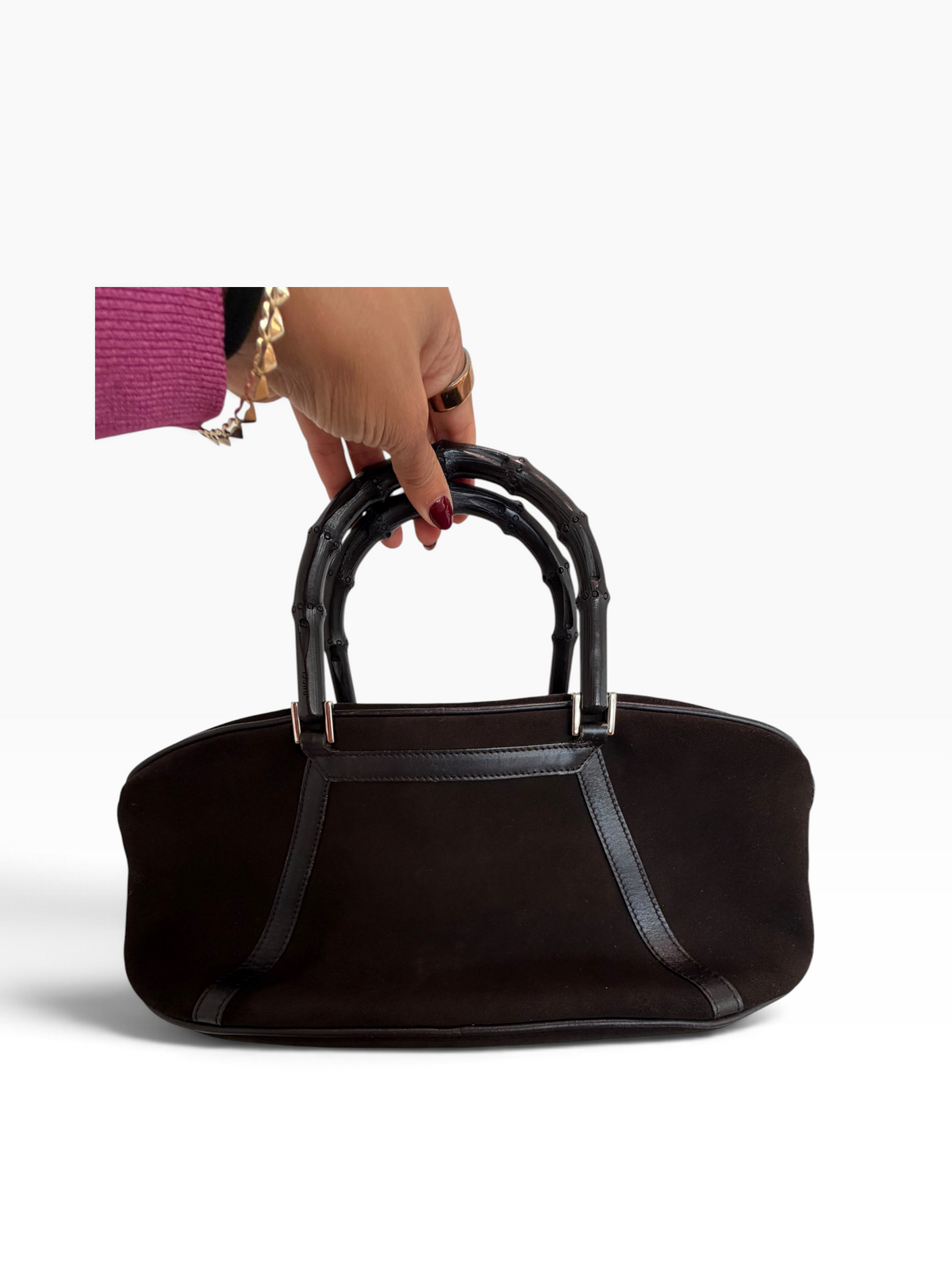 Vintage Gucci Dark Brown Suede Bamboo Handle Bag
