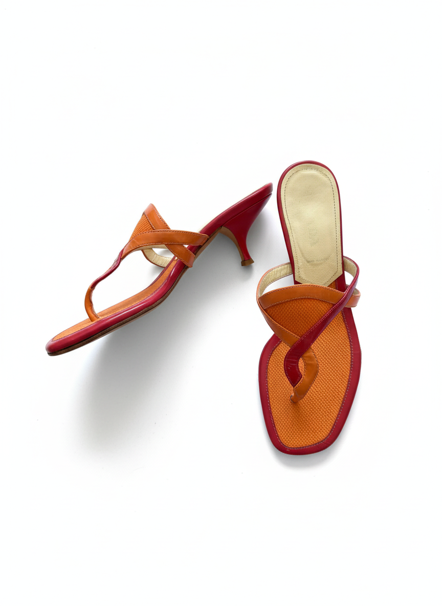 Prada Leather Thong Sandals | Pink & Orange | Kitten Heel | Size 37.5 | Y2K
