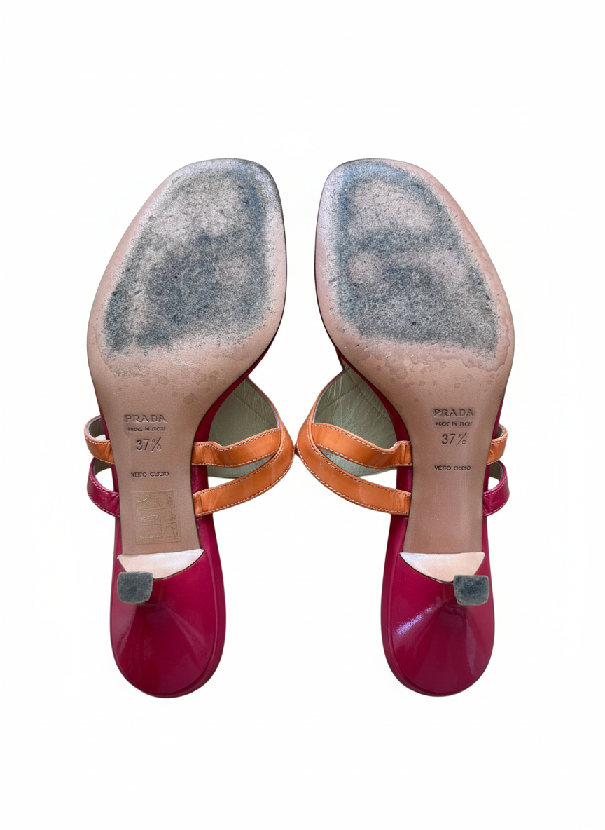 Prada Leather Thong Sandals | Pink & Orange | Kitten Heel | Size 37.5 | Y2K