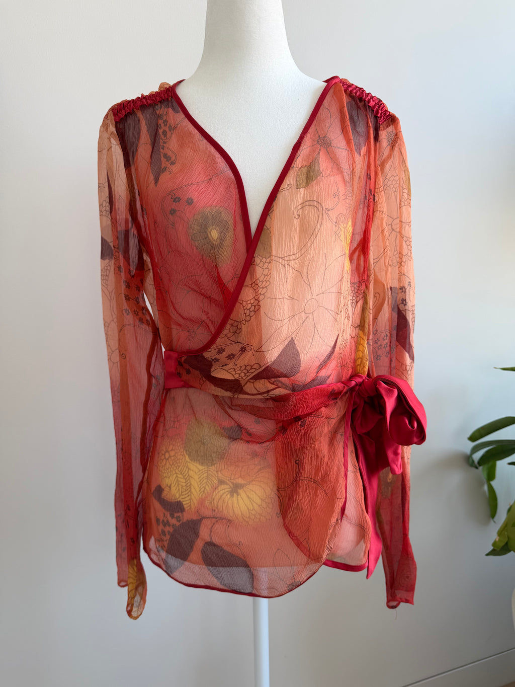 Y2K Max Mara Studio Silk Wrap Blouse Sheer Floral Tie Top
