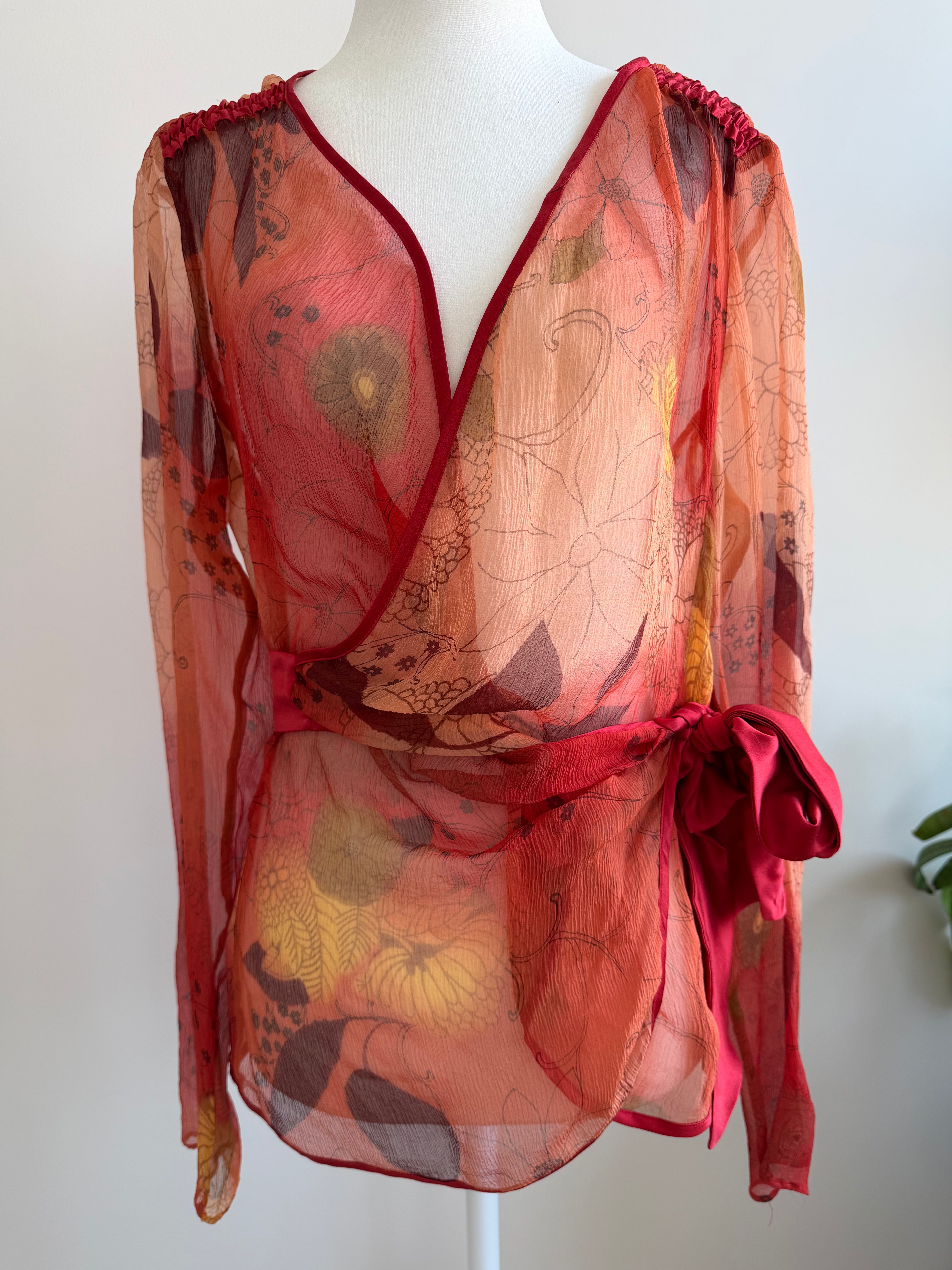 Y2K Max Mara Studio Silk Wrap Blouse Sheer Floral Tie Top