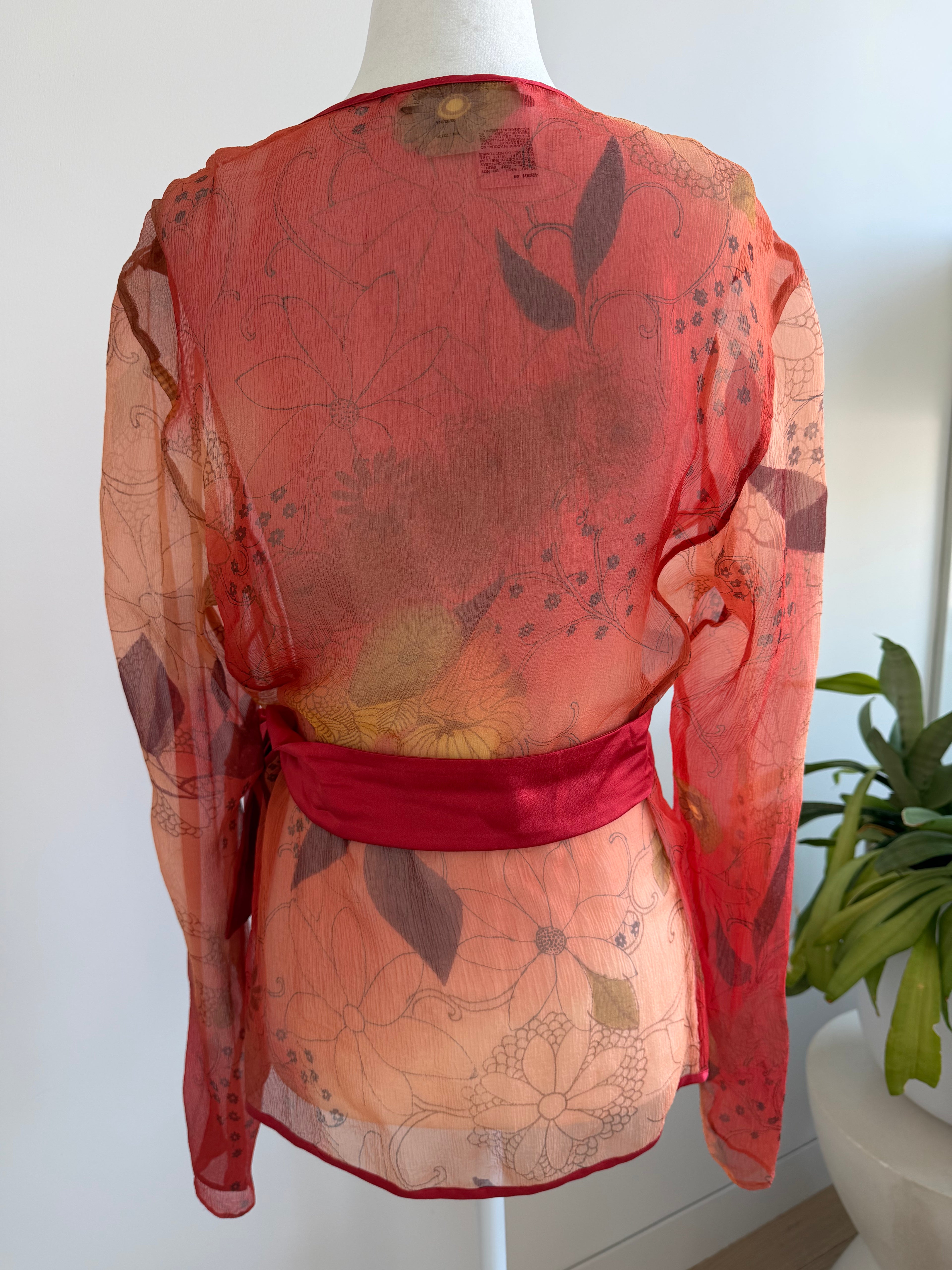 Y2K Max Mara Studio Silk Wrap Blouse Sheer Floral Tie Top