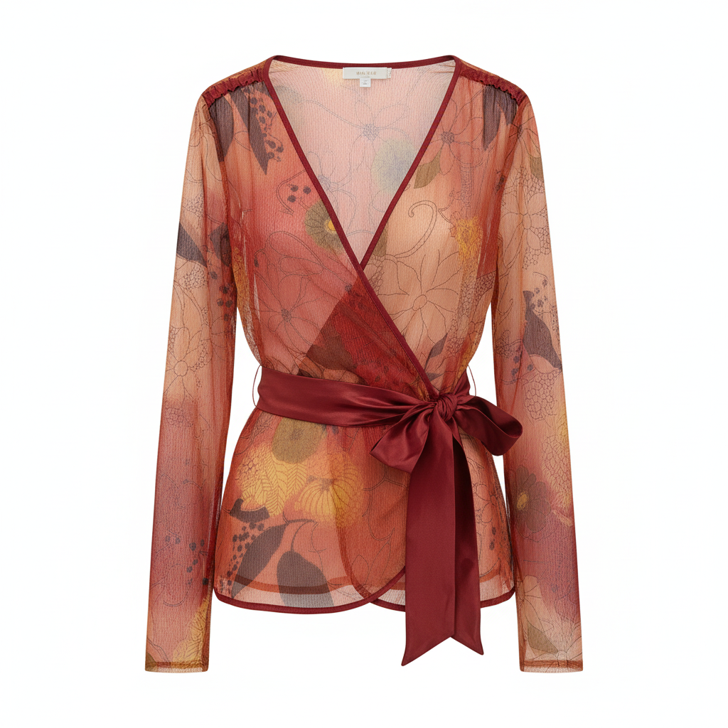Y2K Max Mara Studio Silk Wrap Blouse Sheer Floral Tie Top