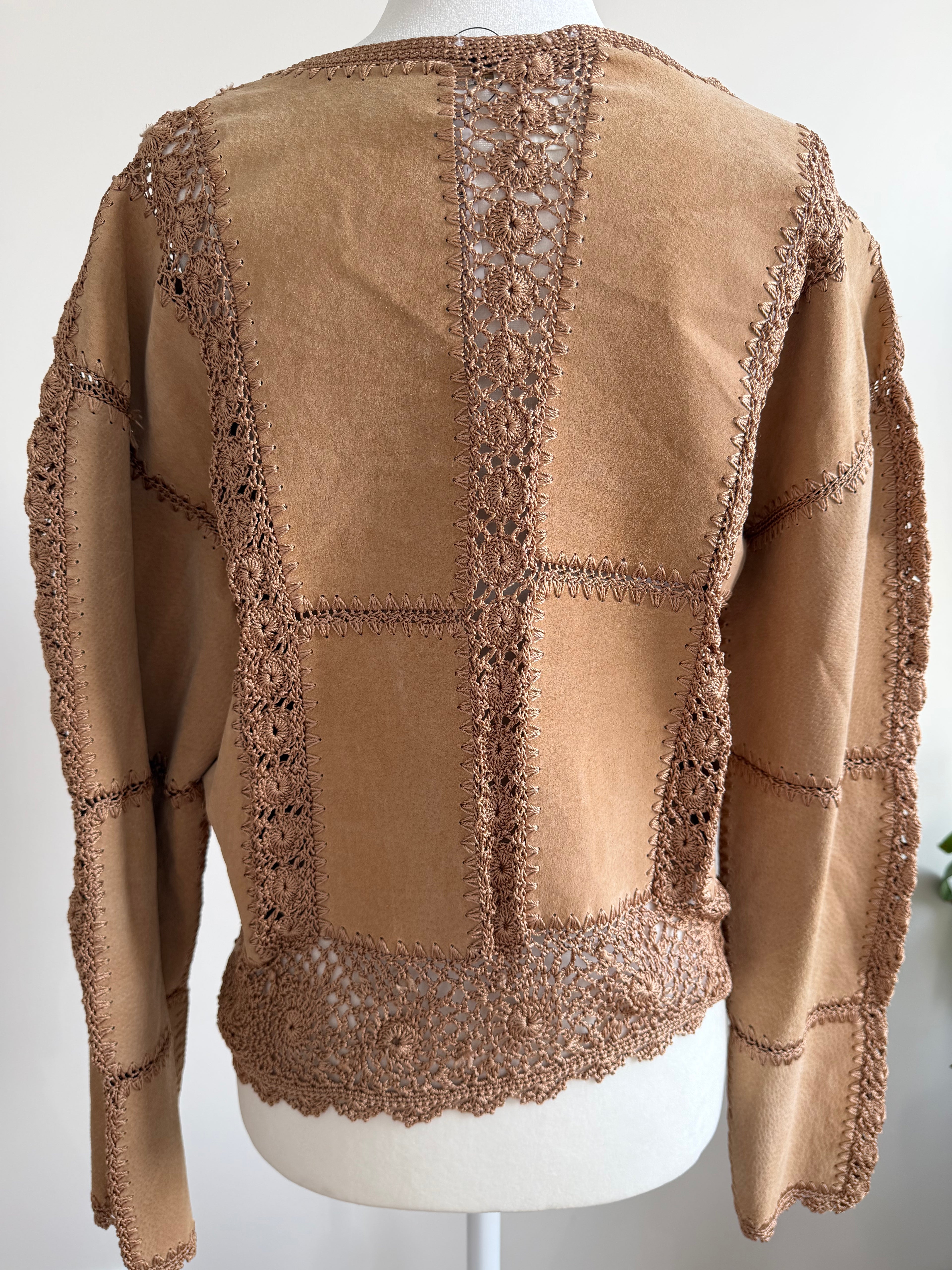 Vintage Suede Patchwork Jacket Crochet Trim Leather Boho 90s Y2K Tan Size L