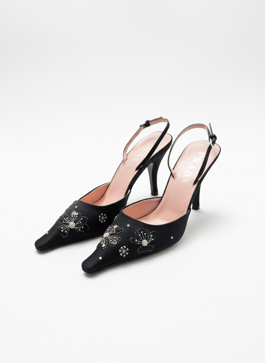 Vintage Prada Embroidered Floral Slingback Heels- late 90s